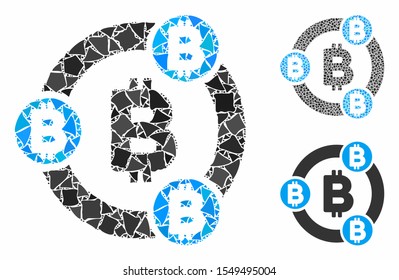 Bitcoin collaboration mosaic of inequal elements in various sizes and color hues, based on Bitcoin collaboration icon. Vector inequal dots are organized into mosaic.
