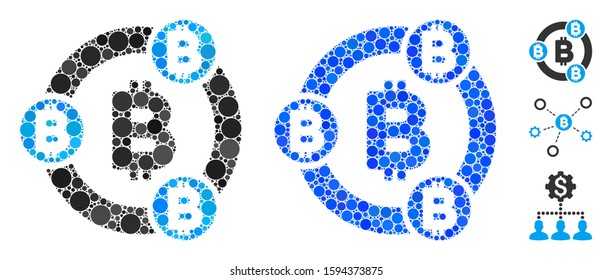 Bitcoin collaboration mosaic of round dots in variable sizes and color hues, based on Bitcoin collaboration icon. Vector round dots are grouped into blue composition.