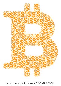 Bitcoin collage of american dollars. Vector dollar symbols are united into bitcoin illustration.