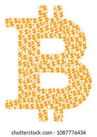 Bitcoin collage of dollars and spheric points. Vector dollar signs are composed into Bitcoin composition.