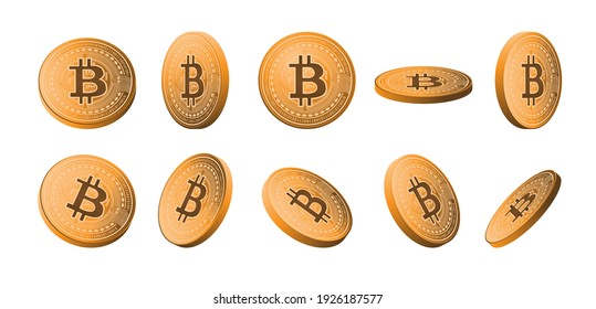 Bitcoin-Kollektion - Set von realistischen Bitcoins in verschiedenen Winkeln, um sie als Symbole oder Clipart-Kunst zu verwenden. Vektorgrafik.