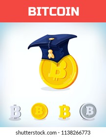 Bitcoin in College alumni hat. Bitcoin. Digital currency. Crypto currency. Money and finance symbol. Miner bit coin criptocurrency. Virtual money concept. Cartoon Vector illustration.