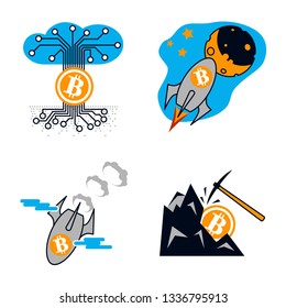 Bitcoin. Color flat isolated vector icons set for site - growth to the moon, rapid fall of the currency, mining, cloud storage, blockchain.