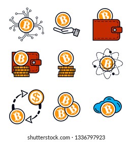 Bitcoin. Color flat isolated vector icons set for site - cryptocurrency exchange, wallet, cloud storage, deposit, withdraw, blockchain, earnings.