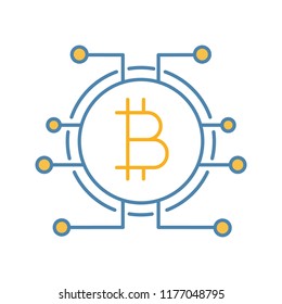 Bitcoin color icon. Virtual currency. Online banking. Bitcoin payment. Contour symbol. Microchip pathways with coin inside. Isolated vector illustration