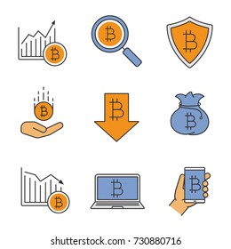 Bitcoin color icons set. Cryptocurrency. Bitcoin digital wallets, safe payments, rate rising and falling, savings, search. Isolated vector illustrations