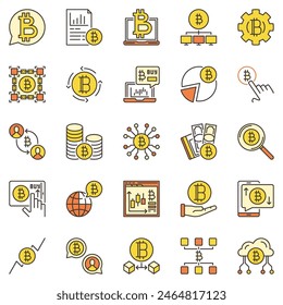 Bitcoin colored icons set. Decentralized Cryptocurrency and Blockchain Technology concept vector creative signs