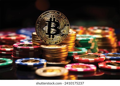 Bitcoin with colorful gambling chips for crypto casino illustration