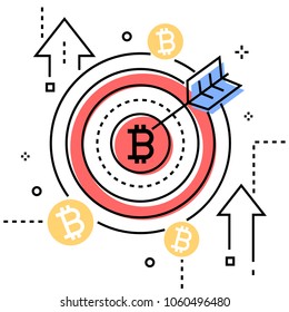Bitcoin - colorful line design style conceptual illustration on white background. High quality metaphorical image with a target and arrow. Cryptocurrency concept