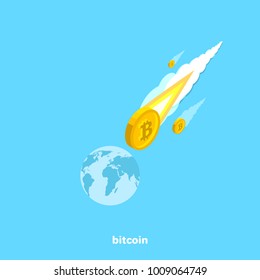 bitcoin as a comet flies to the ground, an isometric image
