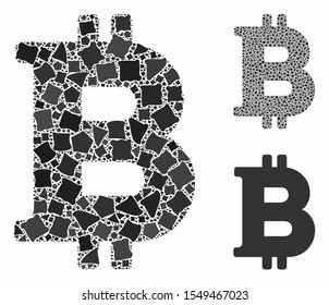 Bitcoin composition of rough elements in different sizes and color tones, based on Bitcoin icon. Vector rough pieces are united into collage. Bitcoin icons collage with dotted pattern.