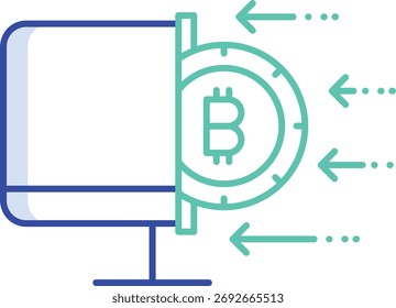 desenho do ícone de cor do contorno do computador bitcoin