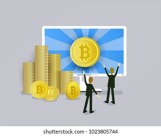 Bitcoin concept businessmen, computer and stacks of coins, vector illustration isolated on white background. Businessman standing on stack of coins with bitcoin in hands in front of computer screen