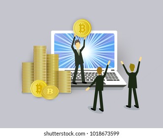 Bitcoin concept businessmen, open laptop and stacks of coins, vector illustration isolated on white background. Businessman standing on stack of coins with bitcoin in hands on open laptop