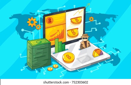 Bitcoin concept cartoon comic style vector illustration. Digital currency or cryptocurrency for electronic payments. Bitcoin and blockchain technology with statistic diagrams and anonymity