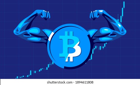 Bitcoin. Concept of cryptocurrency - blue digital coin with man's arms shows muscle. Stock graph behind. Metaphor, symbol of the growth of cryptocurrency rate on stock market.Vector, white background