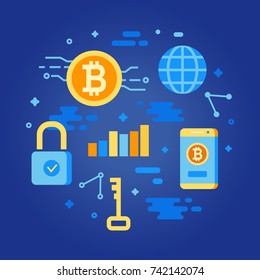 Bitcoin concept. Cryptocurrency earning elements. Digital money. Block chain, finance symbol. Flat style vector illustration