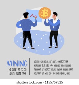 Bitcoin Concept with Flat Cartoon Character Poster, Banner. Crypto Currency Virtual Money. Bitcoin Mining, Electronic Finance. Vector illustration