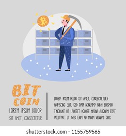 Bitcoin Concept with Flat Cartoon Character Poster, Banner. Crypto Currency Virtual Money. Bitcoin Mining, Electronic Finance. Vector illustration