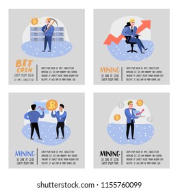 Bitcoin Concept with Flat Cartoon Characters Poster, Banner. Crypto Currency Virtual Money. Bitcoin Mining, Electronic Finance. Vector illustration
