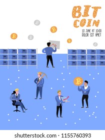 Bitcoin Concept with Flat Cartoon Characters Poster, Banner. Crypto Currency Virtual Money. Bitcoin Mining, Electronic Finance. Vector illustration