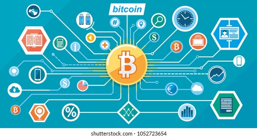 Bitcoin concept, icon set, outline style. Digital money. Block chain, finance symbol. Flat style vector illustration