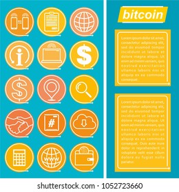 Bitcoin concept, icon set, outline style. Digital money. Block chain, finance symbol. Flat style vector illustration