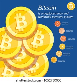 Bitcoin concept, icon set, outline style. Digital money. Block chain, finance symbol. Flat style vector illustration