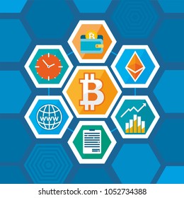 Bitcoin concept, icon set, outline style. Digital money. Block chain, finance symbol. Flat style vector illustration