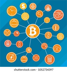 Bitcoin concept, icon set, outline style. Digital money. Block chain, finance symbol. Flat style vector illustration
