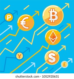 Bitcoin concept, icon set, outline style. Digital money. Block chain, finance symbol. Flat style vector illustration