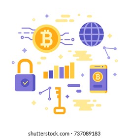 Bitcoin concept, isolated on white. Cryptocurrency earning elements. Digital money. Block chain, finance symbol. Flat style vector illustration