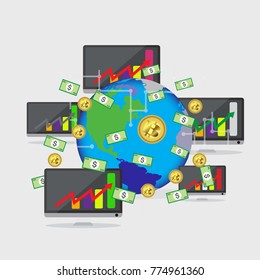 Bitcoin concept and network of connected icons. Business financial network on the World map background. digital payment system background.Global business connection concept  Vector
