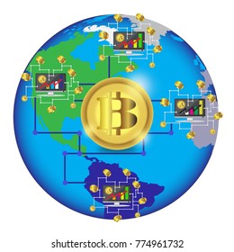 Bitcoin concept and network of connected icons. Business financial network on the World map background. digital payment system background.Global business connection concept  Vector