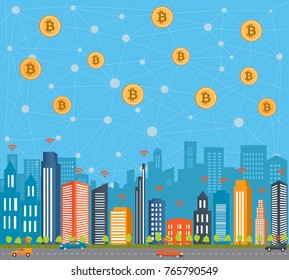 Bitcoin concept and network of connected icons.Business financial network city background.Global business connection concept.