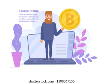 Bitcoin concept. Online earnings. Salary Vector. Cartoon. Isolated art on white background. Flat