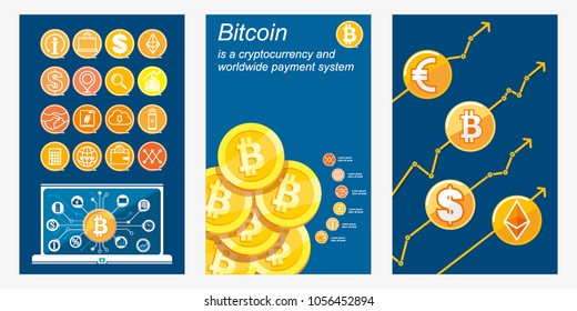 Bitcoin concept, set of templates. Digital money. Block chain, finance symbol. Flat style vector illustration