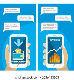 Bitcoin concept, set of templates. Digital money. Block chain, finance symbol. Flat style vector illustration