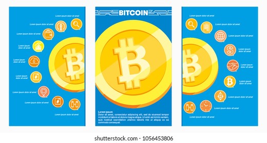 Bitcoin concept, set of templates. Digital money. Block chain, finance symbol. Flat style vector illustration