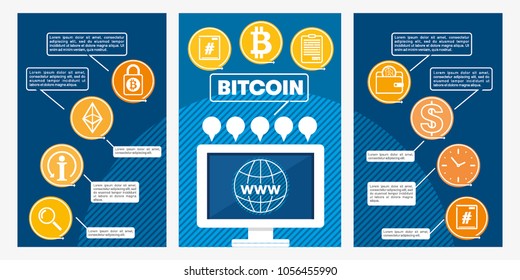 Bitcoin concept, set of templates. Digital money. Block chain, finance symbol. Flat style vector illustration
