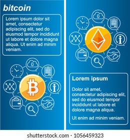 Bitcoin concept, set of templates. Digital money. Block chain, finance symbol. Flat style vector illustration