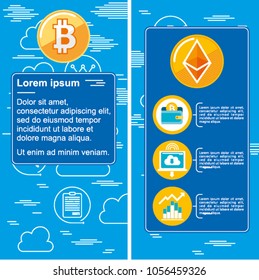 Bitcoin concept, set of templates. Digital money. Block chain, finance symbol. Flat style vector illustration