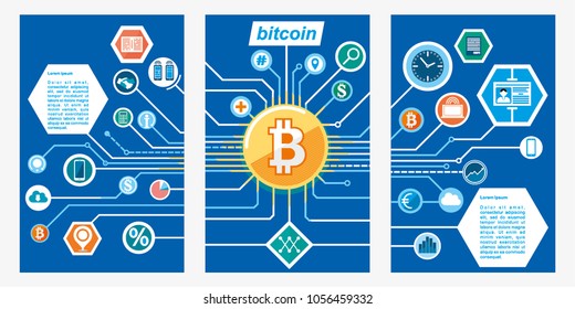 Bitcoin concept, set of templates. Digital money. Block chain, finance symbol. Flat style vector illustration