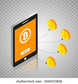 Bitcoin concept with smart device and golden bitcoins. 