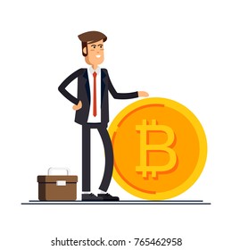 Bitcoin concept vector illustration of businessman based on golden bitcon. Online funding and making investments for bitcoin and blockchain. Flat design of new technology.