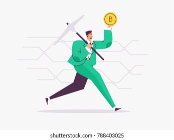 El concepto bitcoin ilustra el concepto vectorial del empresario sosteniendo un pickaxe y una bitcoína, , concepto de minería de bitcoin.