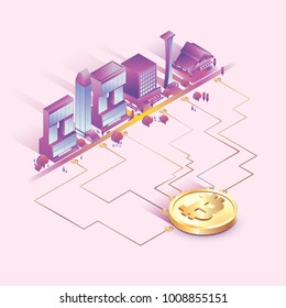 Bitcoin concept vector illustration city with bitcoin are connected each other, city need bitcoin to grow, realistic bitcoin, pastel color , background or presentation or web or infographics vector 