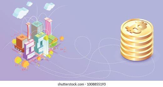 Bitcoin concept vector illustration city with bitcoin are connected each other, city need bitcoin to grow, realistic bitcoin, pastel color
