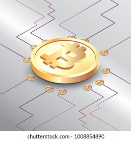 Bitcoin concept vector illustration of Golden bitcoin digital currency on circuit board, futuristic digital money, technology worldwide network concept, vector illustration for web or presentation 