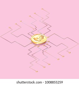 Bitcoin concept vector illustration of Golden bitcoin digital currency on circuit board, futuristic digital money, technology worldwide network concept, vector illustration for web or presentation 